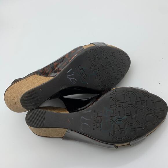 UGG Wedge Heel Womens Size 7US Cheetah Print Leather Sandals Shoes - Picture 3 of 8